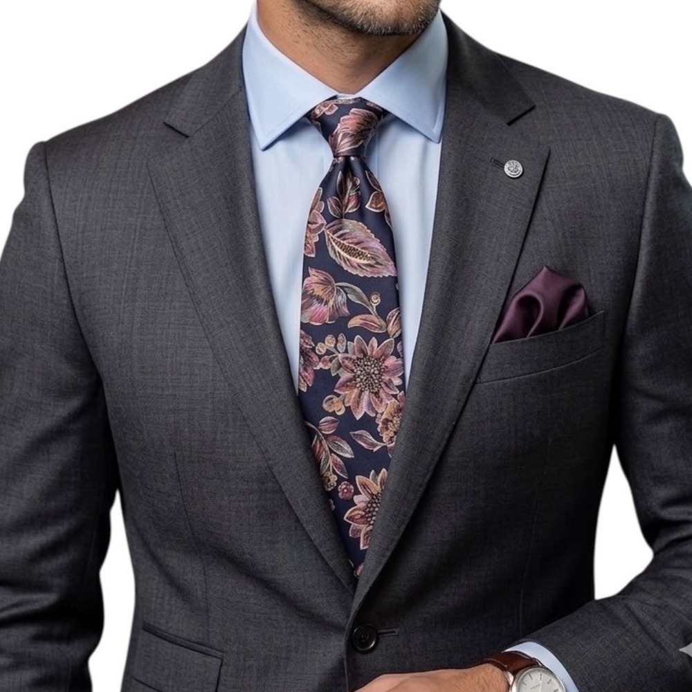 Mario Valentino Mens Silk Tie Navy Blue Plum Gold Floral Botanical Made in USA
